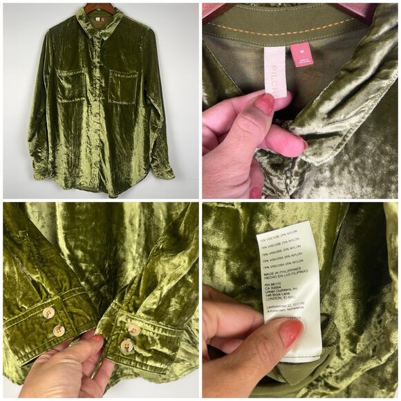 Pilcro Anthropologie Relaxed Velvet Green Mustard Buttondown Shirt Sz M - Picture 8 of 13